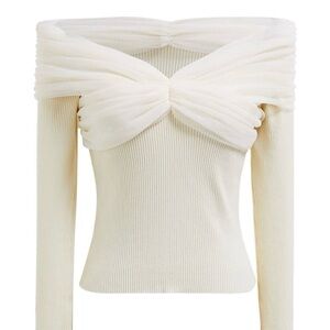 Off-Shoulder Mesh Spliced Knit Top - worn once for an hour